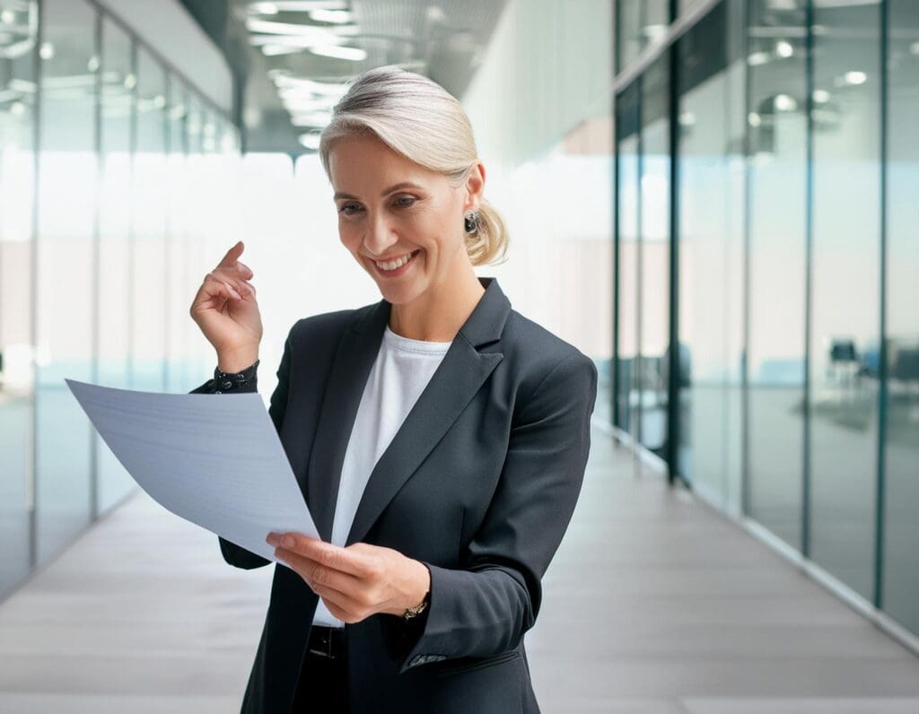 Smiling executive holding a document with a happy expression